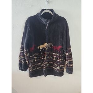 Coastlines Fleece Jacket Womens L Red Black Horses Equestrian Western